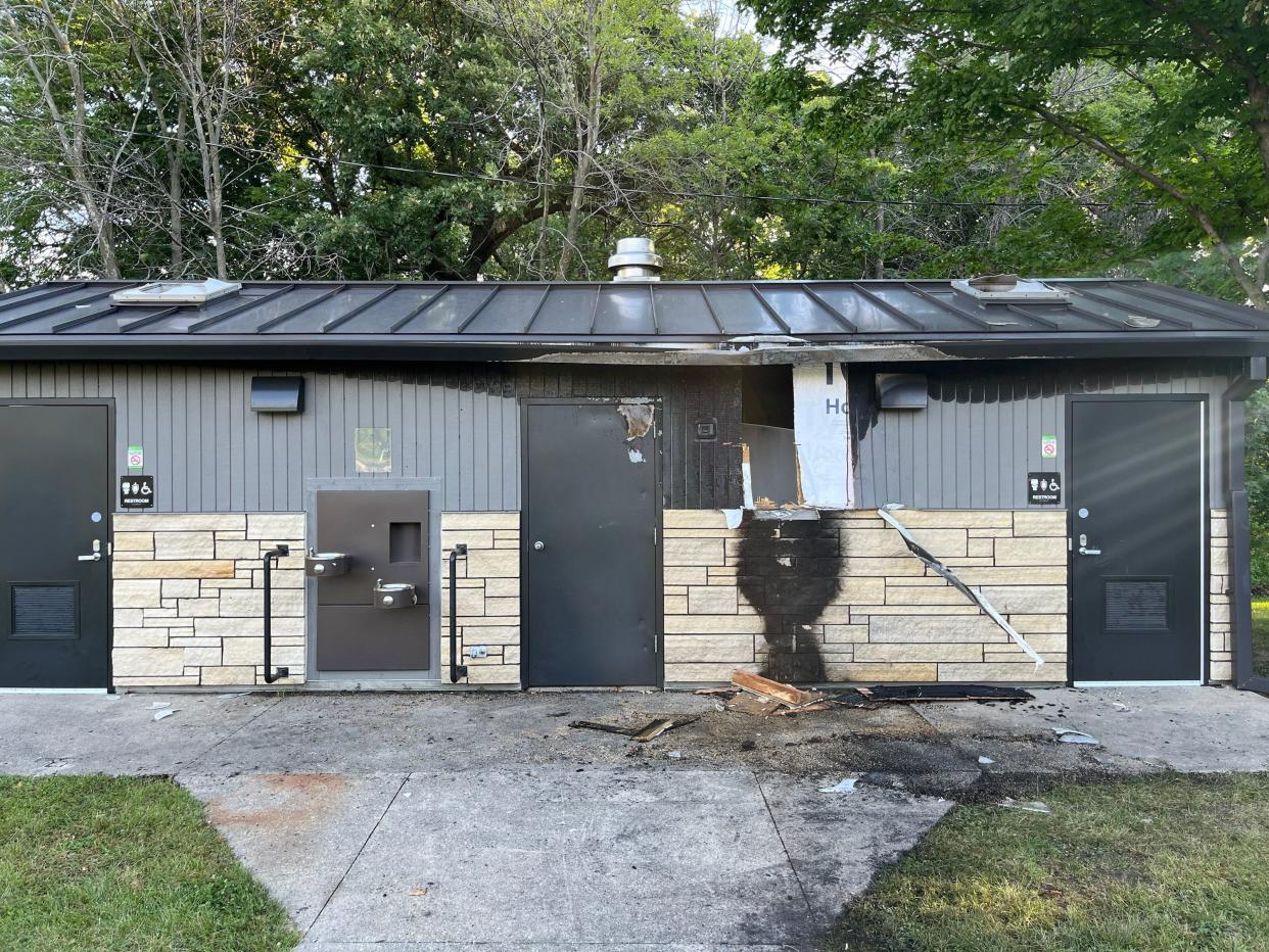 A suspicious fire Thursday night damaged the restroom north of Walnut Shelter at Inis Grove Park in Ames. Other fires at the same time in the park also damaged trash cans. Authorities think the fire that damaged the restroom also started in a trash can. Anyone with information is asked to contact the Ames Police Department or Crime Stoppers of Central Iowa.