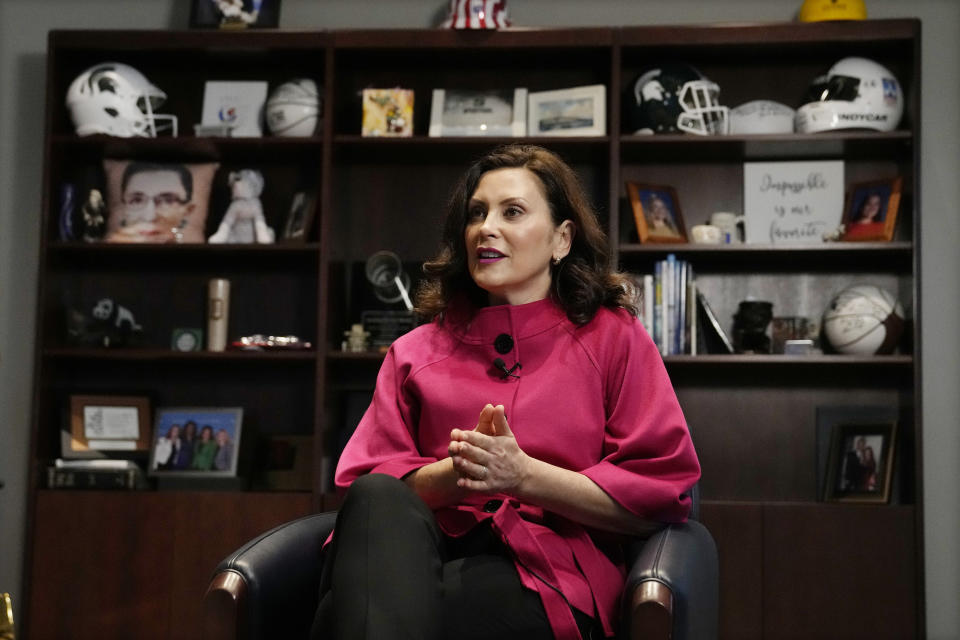 Michigan Gov. Gretchen Whitmer is interviewed by The Associated Press in her office, Thursday, Nov. 17, 2022, in Lansing, Mich. Fresh off a commanding reelection victory in one of the nation's premier swing states, the governor said she will remain focused on her post and not growing speculation she could mount a future presidential run, insisting that she's "never had interest in going to D.C." (AP Photo/Carlos Osorio)