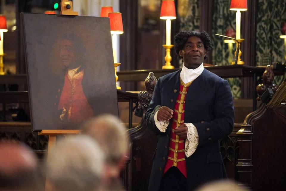 Actor and writer Paterson Joseph performs excerpts from his novel The Secret Diaries of Charles Ignatius Sancho in St Margaret’s Church, Westminster (Lucy North / PA)