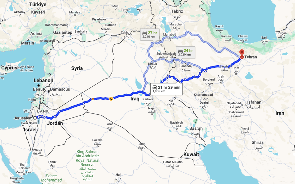The route between Jerusalem, Israel, and Tehran, Iran. (Google)