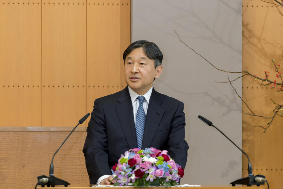 In this Feb. 21, 2019, photo provided by the Imperial Household Agency of Japan, Japan's Crown Prince Naruhito speaks to journalists during his press conference at his residence Togu Palace in Tokyo. Naruhito celebrates his 59th birthday on Saturday, Feb. 23, 2019. (Imperial Household Agency of Japan via AP)