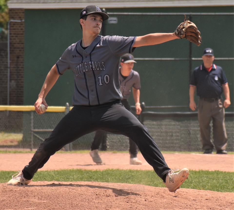 Brayton Langdon held Beaver River hitless into the fifth inning Saturday in the Little Falls Mounties' Section III Class C semifinal victory in Utica.
