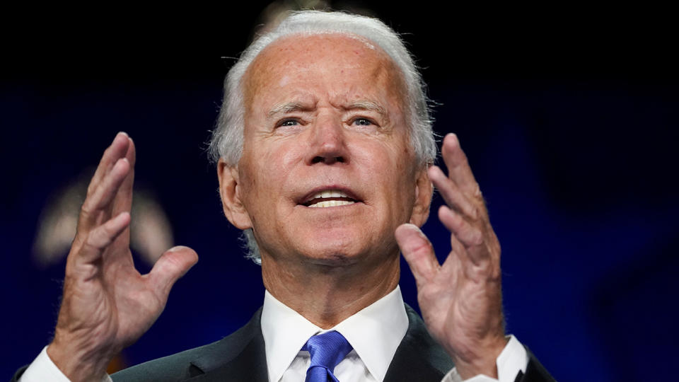 Former U.S. Vice President Joe Biden accepts the 2020 Democratic presidential nomination during a speech delivered for the largely virtual 2020 Democratic National Convention from the Chase Center in Wilmington, Delaware on August 20, 2020. (Kevin Lamarque/Reuters)