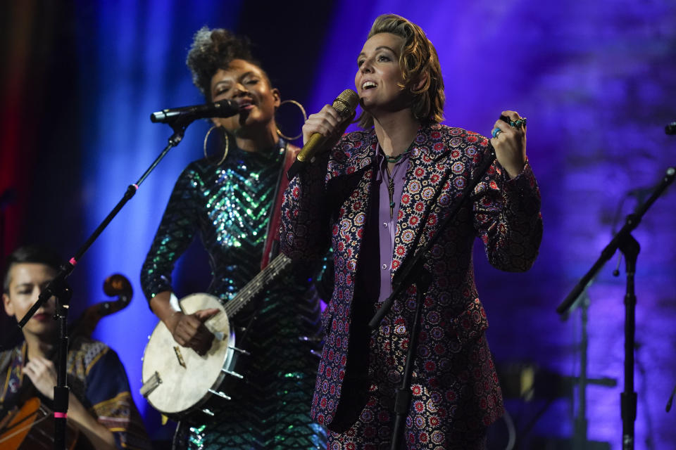 Allison Russell, left, and Brandi Carlile perform at the Americana Honors & Awards show Wednesday, Sept. 14, 2022, in Nashville, Tenn. (AP Photo/Mark Humphrey)