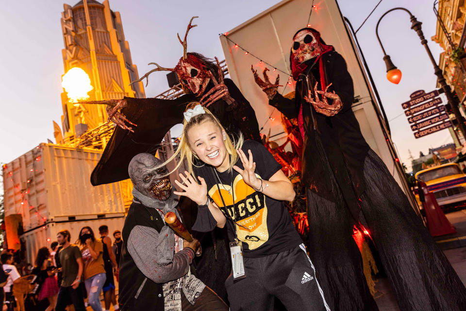 <p>scared by some skeletons at Halloween Horror Nights at Universal Studios Hollywood on Sept. 12.</p>