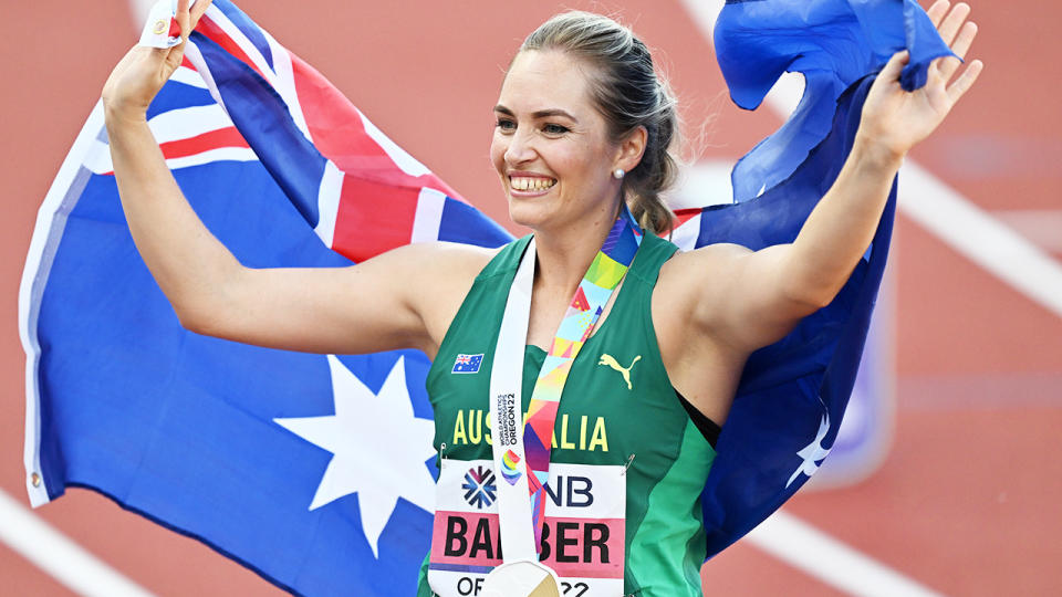 Kelsey-Lee Barber, pictured here after winning javelin gold at the world championships.