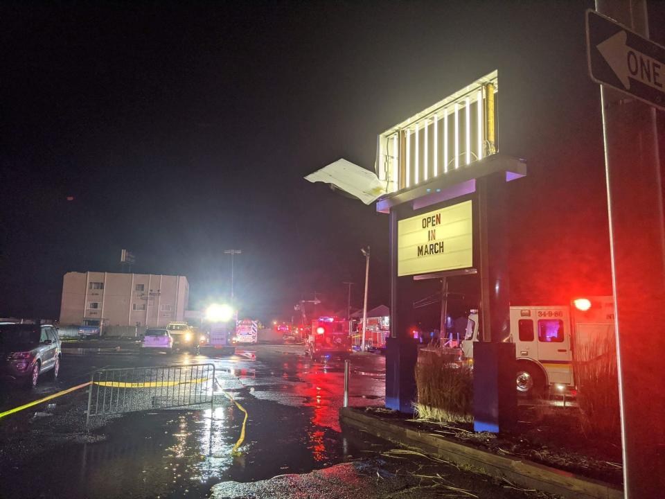 Damage is seen near the Headliner in Neptune following a storm Sunday night, March 28, 2021.