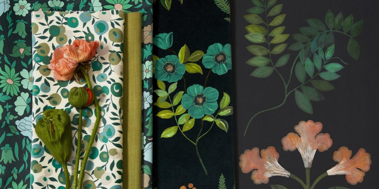 Photo credit: From the left,  ‘Poppy Meadowfield’ cotton in ‘Jade’, £110 per m; ‘Wiltshire Blossom’ velvet in ‘Jade’, £130 per m; ‘Lustre’ linen in ‘Lichen’, £90 per m; ‘Poppy Meadowfield’, as before; ‘Botanical Flora’ velvet in ‘Jade’, £130 per m; ‘Botanical Stripe’ wallpaper in ‘Jade’, £130 per 10m roll, all Liberty 