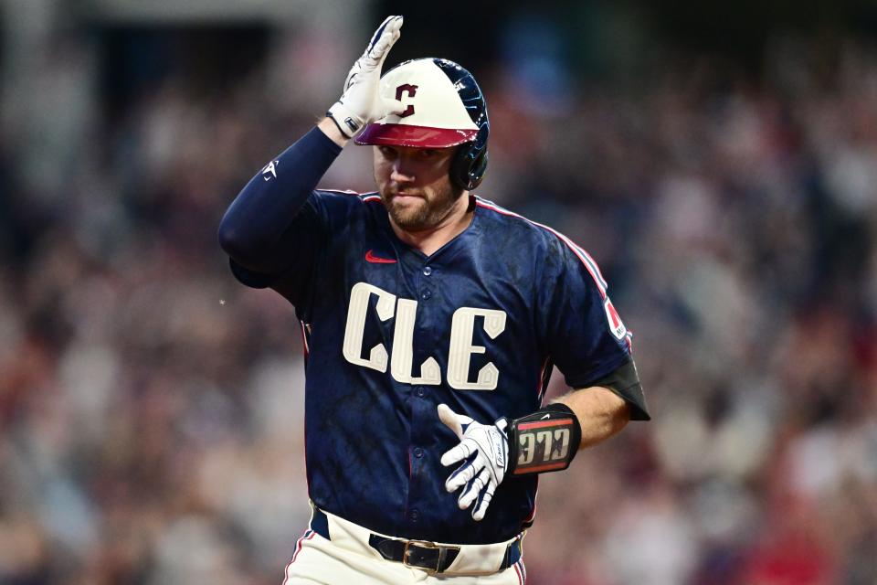 Cleveland Guardians' David Fry (6) rounds the bases after hitting a three-run home run May 31 against the Washington Nationals in Cleveland.