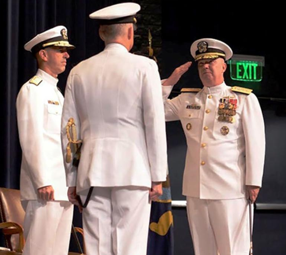 Rear Adm. Jeffrey A. Harley, right, relieved Rear Adm. P. Garden Howe III to become the 56th president of the U.S. Naval War College.