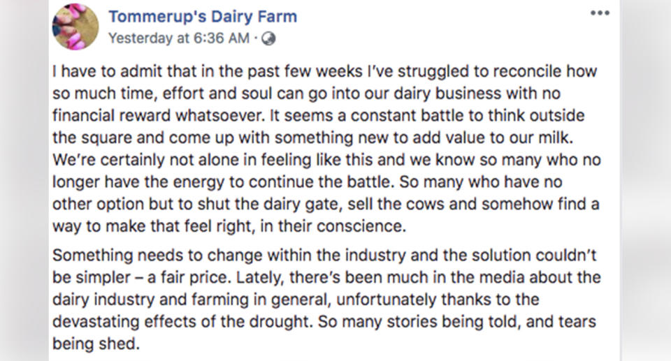 Part of the post which was shared online on Monday. Source: Tommerup’s Dairy Farm/ Facebook