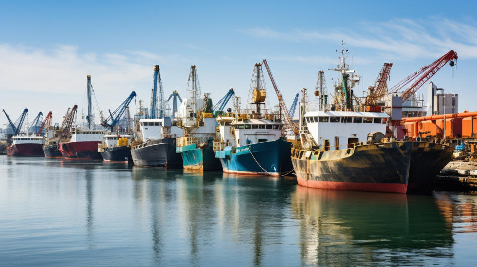 A line of dredgers and cranes at a marine transportation dock.