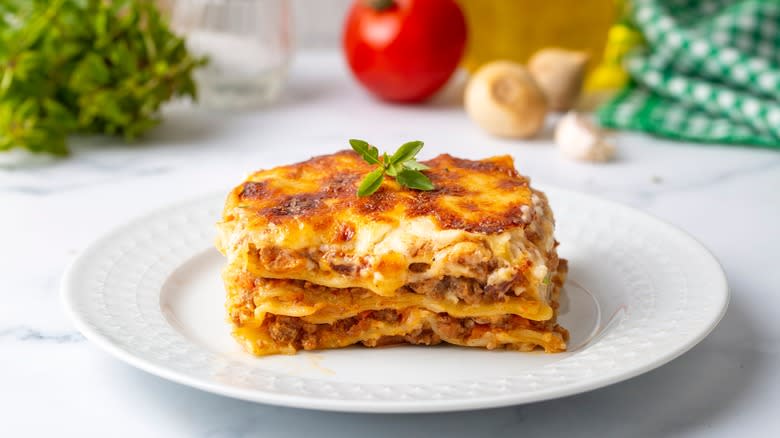 Slice of lasagna on plate