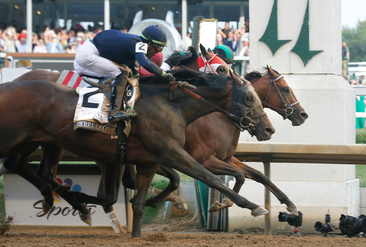 Mystic Dan, (right) ridden by Brian Hernandez Jr., pulls out the win at the 150th Kentucky Derby at Churchill Downs in Louisville on May 4, 2024.