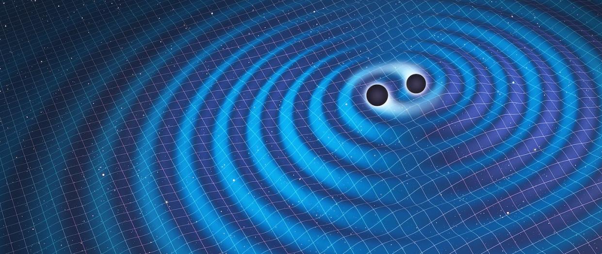 When two massive objects – like black holes or neutron stars – merge, they warp space and time. <a href="https://www.gettyimages.com/detail/illustration/gravitational-waves-illustration-royalty-free-illustration/685026451?phrase=gravitational+waves&adppopup=true" rel="nofollow noopener" target="_blank" data-ylk="slk:Mark Garlick/Science Photo Library via Getty Images;elm:context_link;itc:0;sec:content-canvas" class="link ">Mark Garlick/Science Photo Library via Getty Images</a>