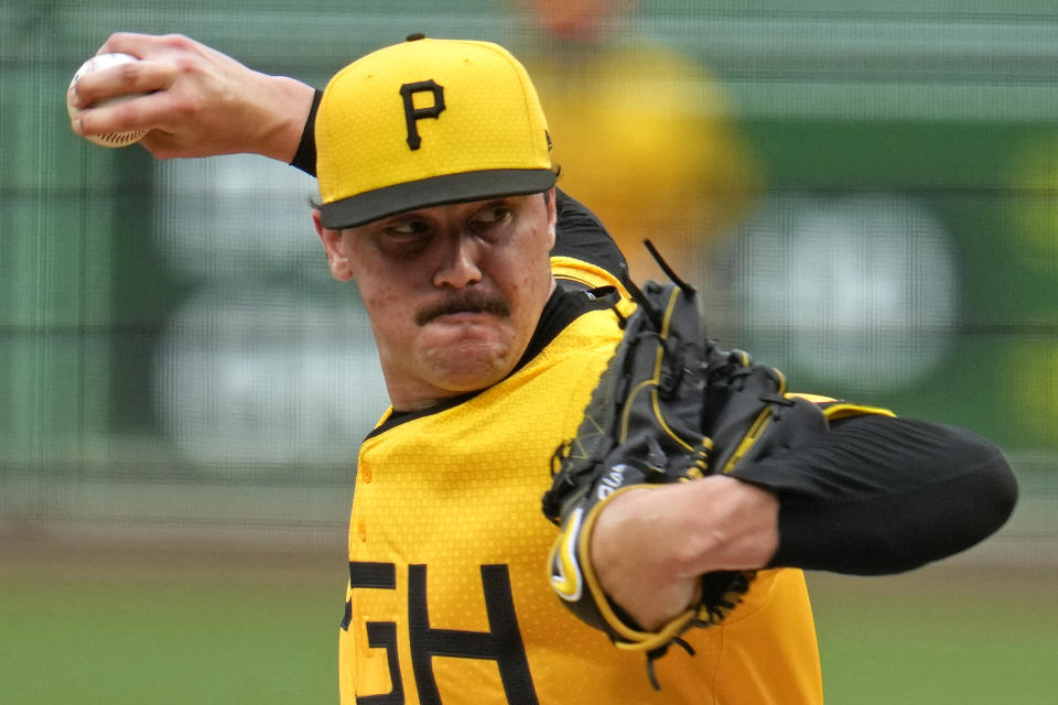 Pittsburgh Pirates starting pitcher Paul Skenes delivers during the second inning of a baseball game against the New York Mets in Pittsburgh, Friday, July 5, 2024. (AP Photo/Gene J. Puskar)