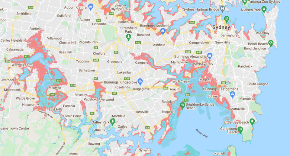 A map of NSW, focussing on Sydney and showing areas of coast that will be impacted by flooding