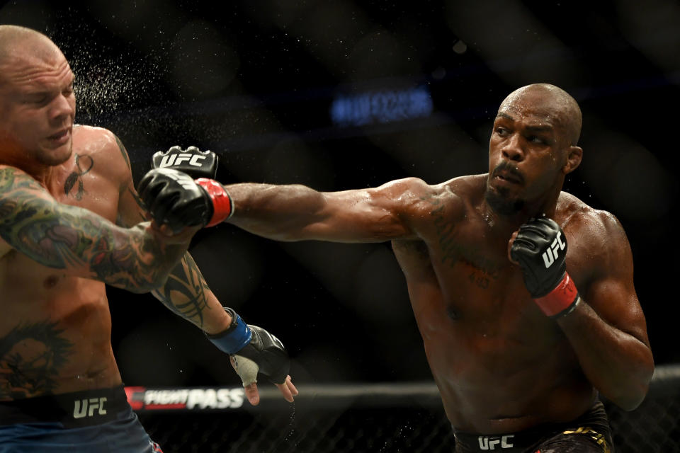 UFC light heavyweight champion Jon Jones lands a punch to the head of challenger Anthony Smith. Jones defeated Smith via unanimous judges decision during UFC 235 at the T-Mobile Arena in Las Vegas, NV, Saturday, Mar. 2, 2019. (Photo by Hans Gutknecht/MediaNews Group/Los Angeles Daily News via Getty Images)