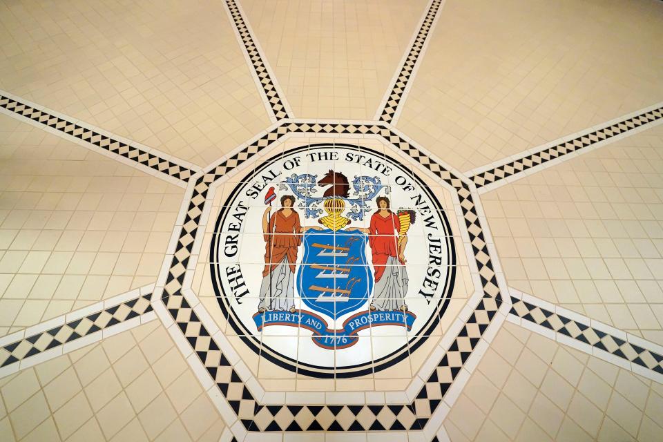 The seal of New Jersey on the rotunda floor in the newly-renovated Statehouse in Trenton on Wednesday, March 22, 2023.