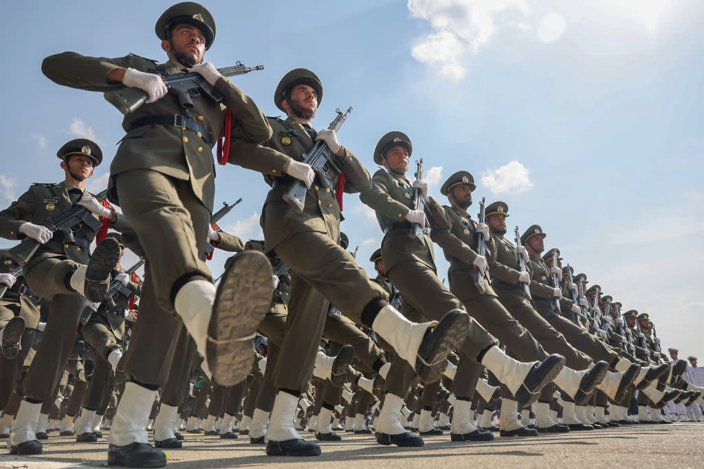  Iranian soldiers take part in a military parade during a ceremony marking the country's annual army day on April 17, 2024 in Tehran, Iran. 