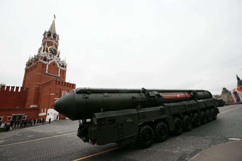 Russia’s Topol M ICBM launcher rolls across Red Square during a Victory Day military parade in 2017 (Copyright 2018 The Associated Press. All rights reserved.)