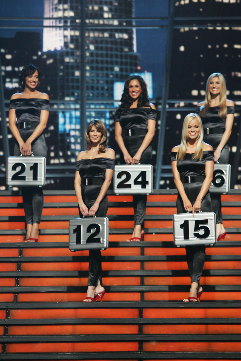 DEAL OR NO DEAL -- Episode 241 -- Pictured: (l-r, number order) Jill Manas (12), Brooke Long (15), Tameka Jacobs (21), Meghan Markle (24), Lindsay Clubine (26) -- (Photo by: Trae Patton/NBCU Photo Bank/NBCUniversal via Getty Images via Getty Images)