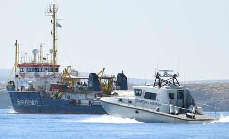 The migrant search and rescue ship Sea-Watch 3 carrying stranded migrants, sails near the island of Lampedusa