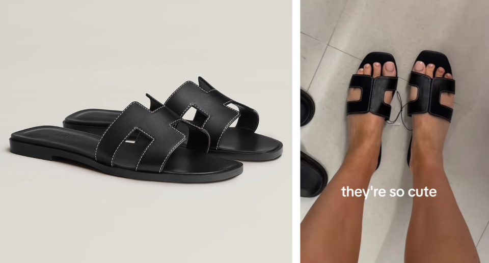 The Big W dupes of the $1150 Hermès Oran sandals come in three colours, black, beige and brown and offer a strikingly similar look. Photo: Hermès/TikTok