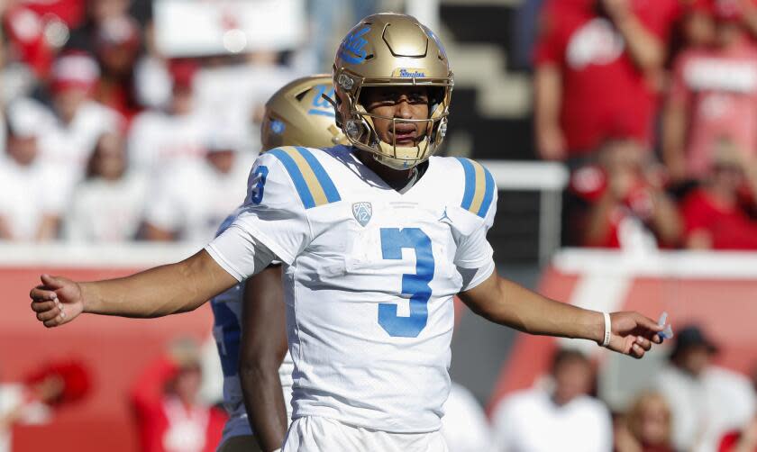 SALT LAKE CITY, UT - SEPTEMBER 23: Dante Moore #3 of the UCLA Bruins looks.