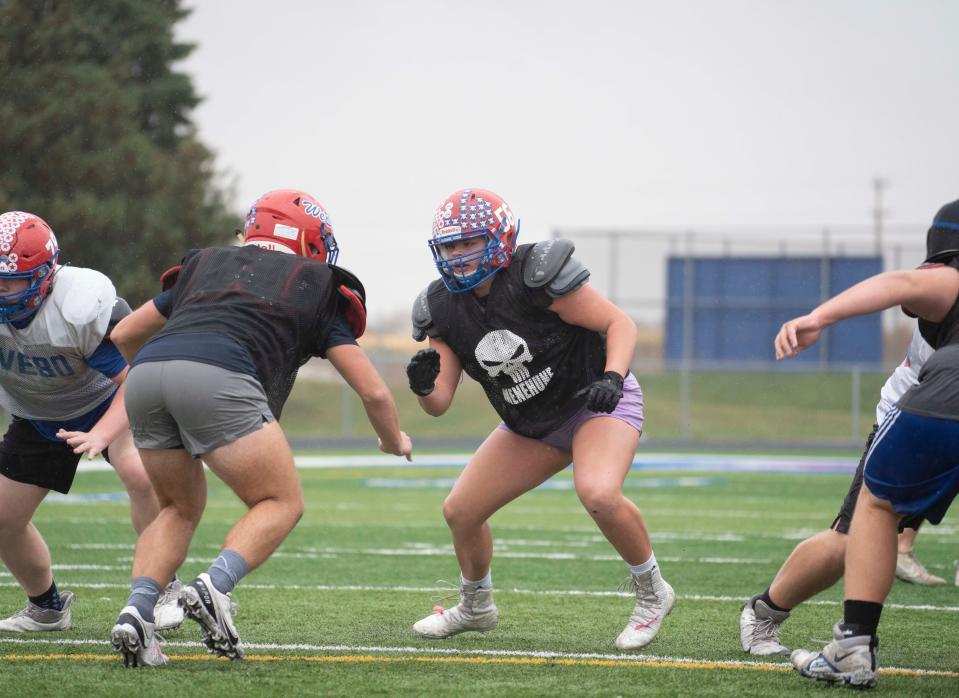 Western Boone lineman Emmy Roys blocks during a play Tuesday, Oct. 25, 2022, in Thorntown. Roy starts on the varsity squad\. 