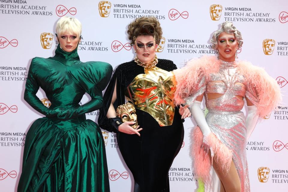 From L-R: Drag Race UK’s Bimini, Lawrence Chaney and A’Whora at the 2021 Baftas (Getty)