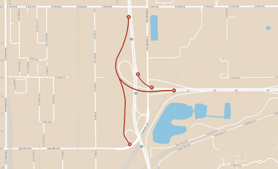 Map showing where construction will cause ramp closures on I-135 and K-96 on Saturday, May 4.