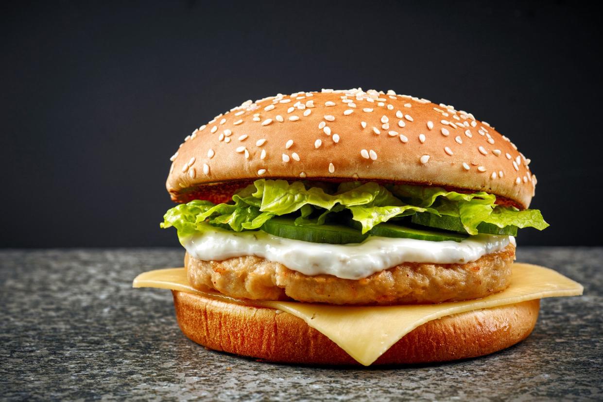 fresh chicken burger on dark background