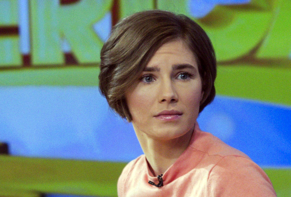 Amanda Knox reacts while being interviewed on the set of ABC's 