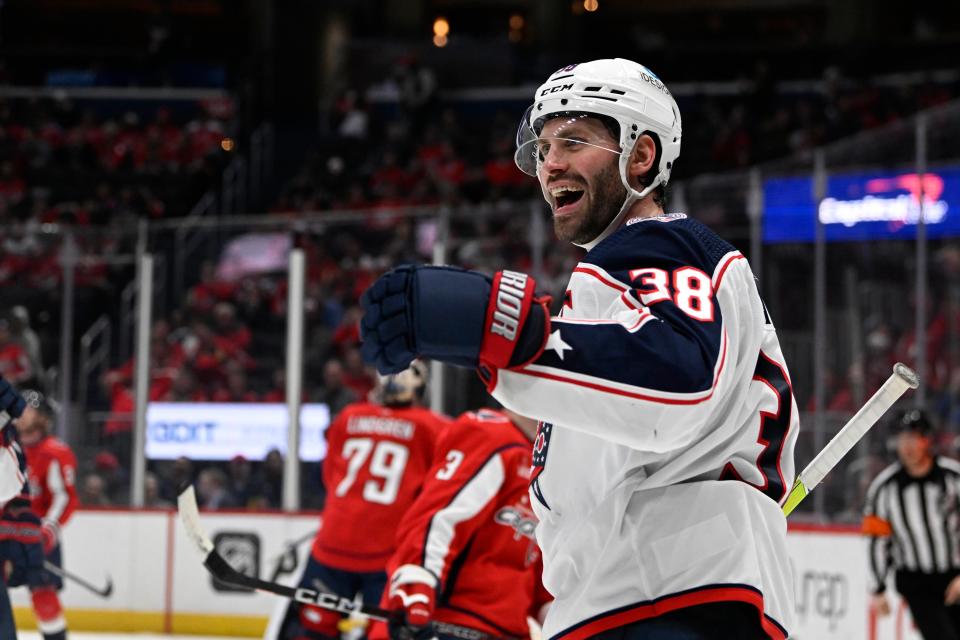 Mar 21, 2023; Washington, District of Columbia, USA; Columbus Blue Jackets center Boone Jenner (38) reacts after scoring a goal against the Washington Capitals during the third period at Capital One Arena. Mandatory Credit: Brad Mills-USA TODAY Sports