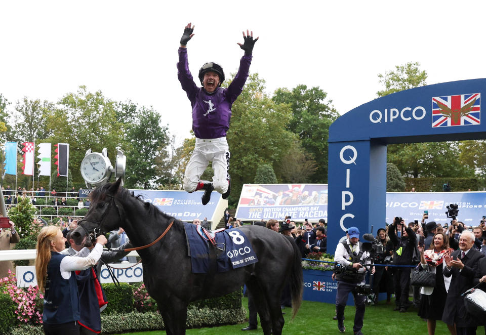 Frankie Dettori celebrates on King Of Steel after winning the Qipco Champion Stakes in his final race in Britain before moving to continue his racing career in the USA (Reuters via Beat Media Group subscription)