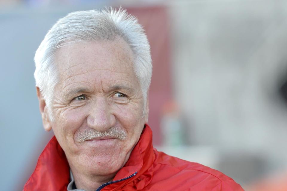 Tom Sermanni, U.S. women's soccer coach, looks on against China during the first half of an international friendly soccer match in Commerce City, Colo., on Sunday, April 6, 2014. U.S. Soccer fired Sermanni on Sunday, following a disappointing seventh-place finish last month at the Algarve Cup. The surprising move came just 16 months after he took over the program. (AP Photo/Jack Dempsey)