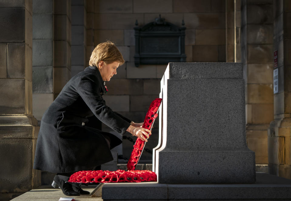 First Minister of Scotland Nicola Sturgeon lays a wreath at the Stone of Remembrance during a Remembrance Sunday service and parade in Edinburgh. Picture date: Sunday November 13, 2022. (Photo by Jane Barlow/PA Images via Getty Images)