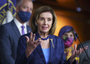 Speaker of the House Nancy Pelosi, D-Calif., and Democratic leaders discuss their legislative agenda, including voting rights, public health, and infrastructure, during a news conference at the Capitol in Washington, Friday, July 30, 2021. Hours before a nationwide eviction moratorium is set to expire, Pelosi is urging an extension in a longshot effort to prevent millions of Americans of being forced from their homes during a COVID-19 surge. (AP Photo/J. Scott Applewhite)