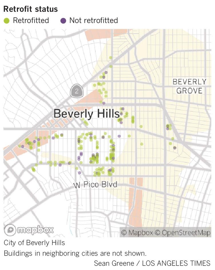Map showing buildings in Beverly Hills that are retrofitted and not retrofitted
