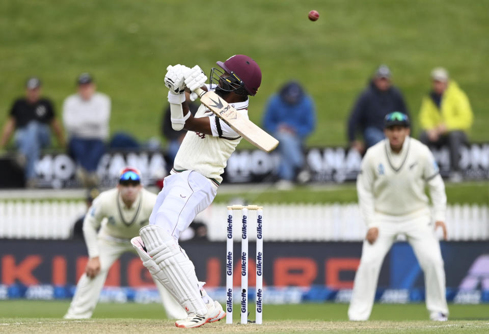 West Indies' Kraigg Brathwaite bats against New Zealand during play on day three of their first cricket test in Hamilton, New Zealand, Saturday, Dec. 5, 2020. (Andrew Cornaga/Photosport via AP)