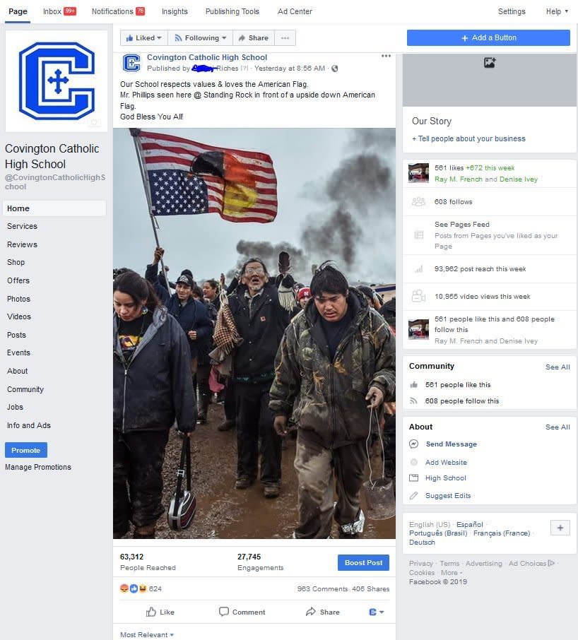 A fake Covington Catholic High School Facebook page set up by Riches. (Photo: Jonathan Lee Riches)