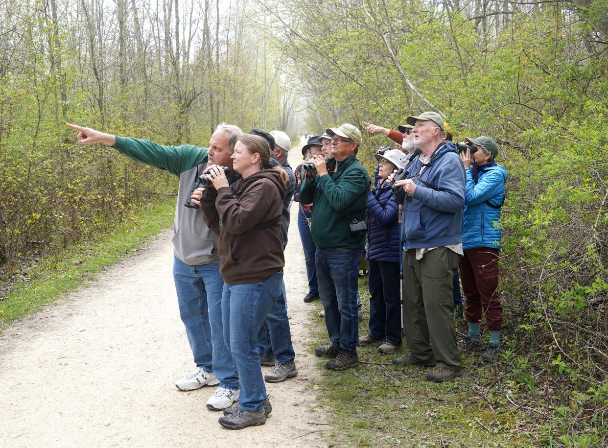 Birders gathered Saturday to view a varied bunting at Lion's Den Gorge Nature Preserve in Grafton. It was the first documented sighting of the species in Wisconsin history.