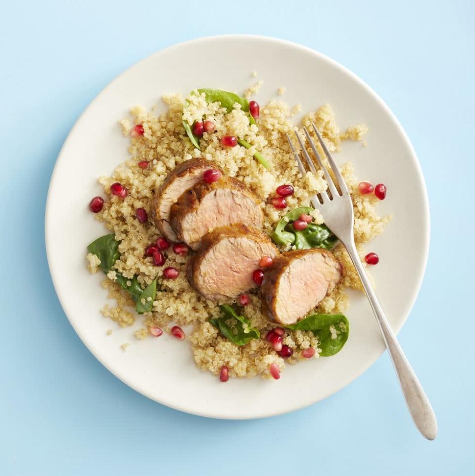 <p>Fresh pomegranate arils make any dinner look festive, this one included. A scoop of nutty <a href="https://www.goodhousekeeping.com/food-recipes/healthy/g607/quinoa-recipes/" rel="nofollow noopener" target="_blank" data-ylk="slk:quinoa" class="link rapid-noclick-resp">quinoa</a> plus a citrusy-glazed pork pack a one-two punch of whole grain and lean protein that will keep you full all night long.</p><p><em><a href="https://www.goodhousekeeping.com/food-recipes/a30392190/pork-tenderloin-with-quinoa-pilaf-recipe/" rel="nofollow noopener" target="_blank" data-ylk="slk:Get the recipe for Pork Tenderloin With Quinoa Pilaf »" class="link rapid-noclick-resp">Get the recipe for Pork Tenderloin With Quinoa Pilaf »</a></em></p>