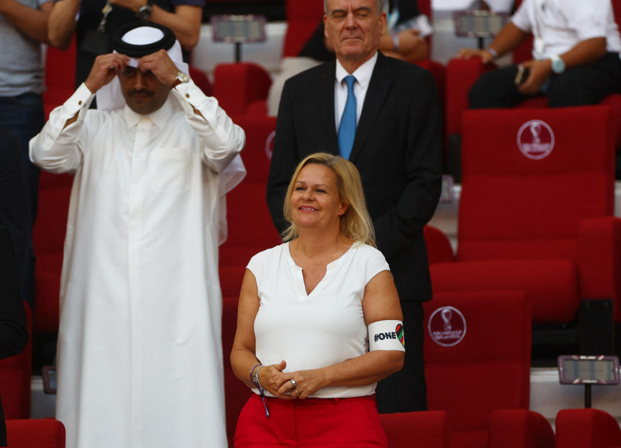 Soccer Football - FIFA World Cup Qatar 2022 - Group E - Germany v Japan - Khalifa International Stadium, Doha, Qatar - November 23, 2022 German Interior Minister Nancy Faeser is seen wearing the OneLove armband REUTERS/Kai Pfaffenbach