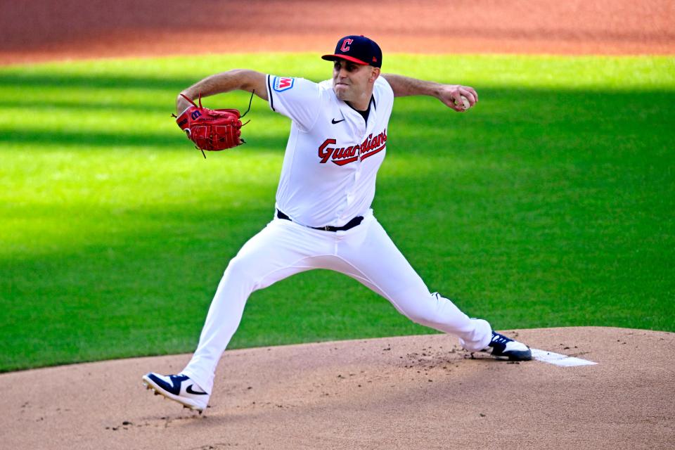 Guardians starting pitcher Matthew Boyd pitches during the first inning against the Tigers in Game 2 of the ALDS, Oct.. 7, 2024, in Cleveland.