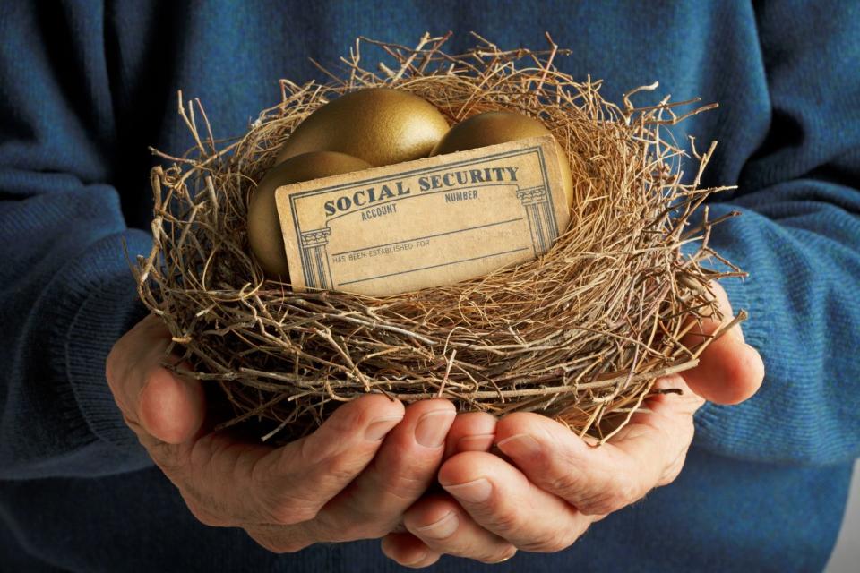 A social security card and golden eggs in a bird's nest.