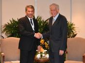 Malaysia's Minister of Defence Dato' Seri Mohamad Hasan meets with Singapores Minister for Defence Ng Eng Hen on the sidelines of the 20th Shangri-La Dialogue in Singapore