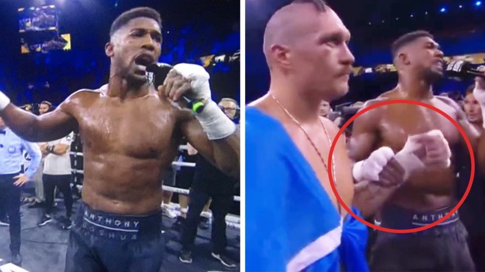 Anthony Joshua (pictured left) talking on the microphone and (pictured right) raising Oleksandr Usyk's hand.