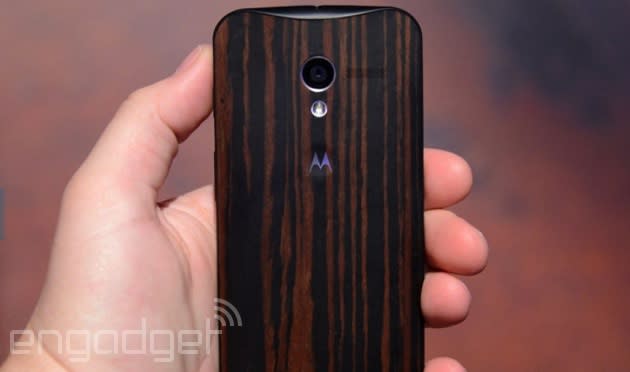 Moto X in a dark wood finish